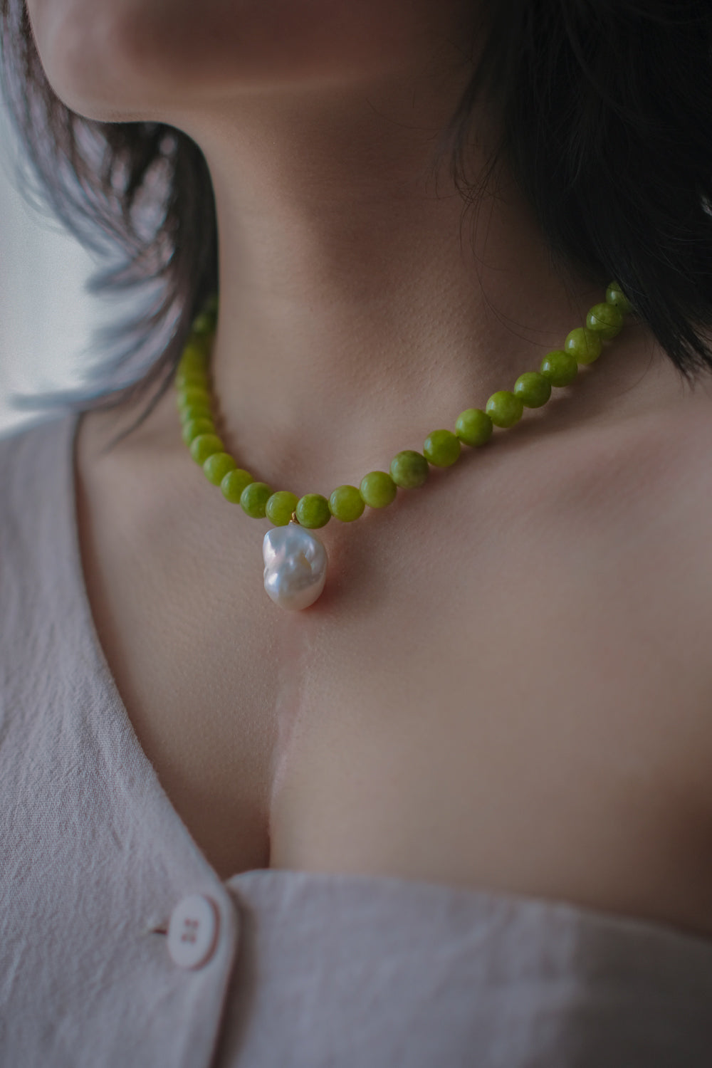 "GREEN GRAPE PUDDING" Pearl Necklace